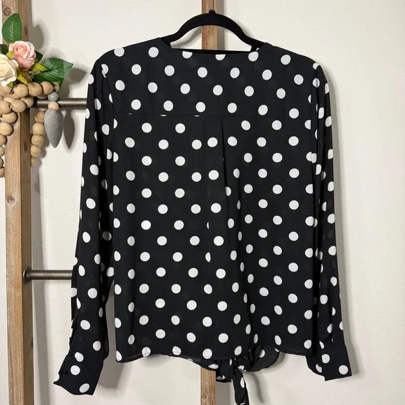 Popsugar Black White Polka Dot V Neck Tie Front Long Sleeve Blouse Size Large - Picture 6 of 10